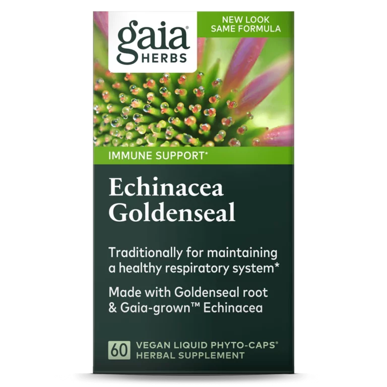 The box of Gaia Herbs Echinacea Goldenseal contains 60 capsules