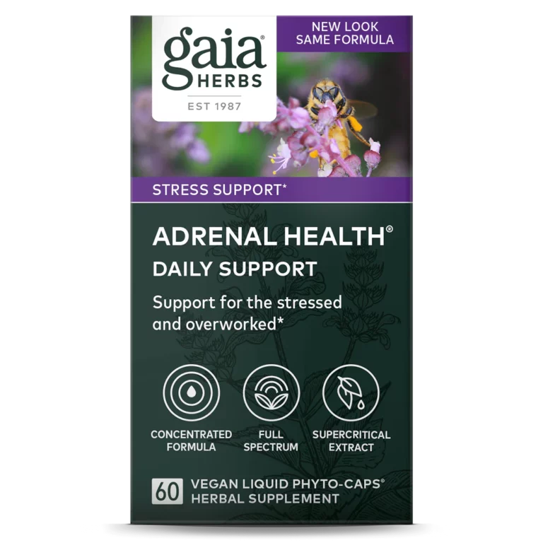 Suplimentul de sprijin zilnic pentru sănătatea suprarenalelor Adrenal Health Daily Support de la Gaia Herbs vine într-o sticlă de 60 de capsule