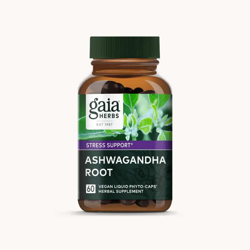 A bottle of Organic Ashwangandha Root supplement by Gaia Herbs.
