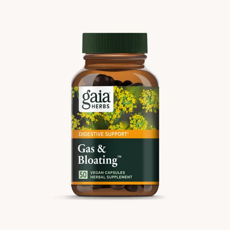 A bottle of Gaia Herbs Gas & Bloating supplement - 60 capsules