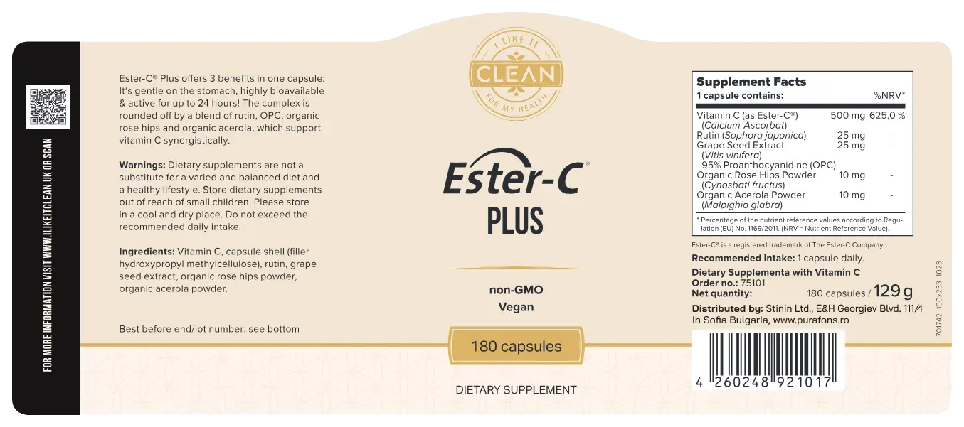 Back view of the bottle of Ester-C® Plus supplement - 180 capsules 