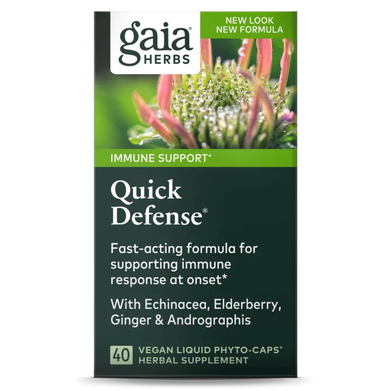 Gaia Herbs Quick Defense vine într-o sticlă de 40 de capsule.
