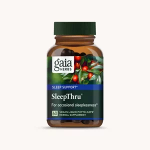 A bottle of SleepThru supplement by Gaia Herbs contains 60 capsules.