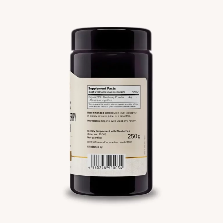 Back view of the bottle of Organic Wild Blueberries Powder supplement - 250 g