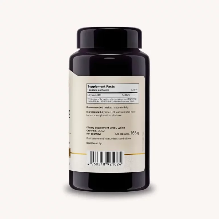 Back view of the bottle of L-Lysine supplement - 270 capsules